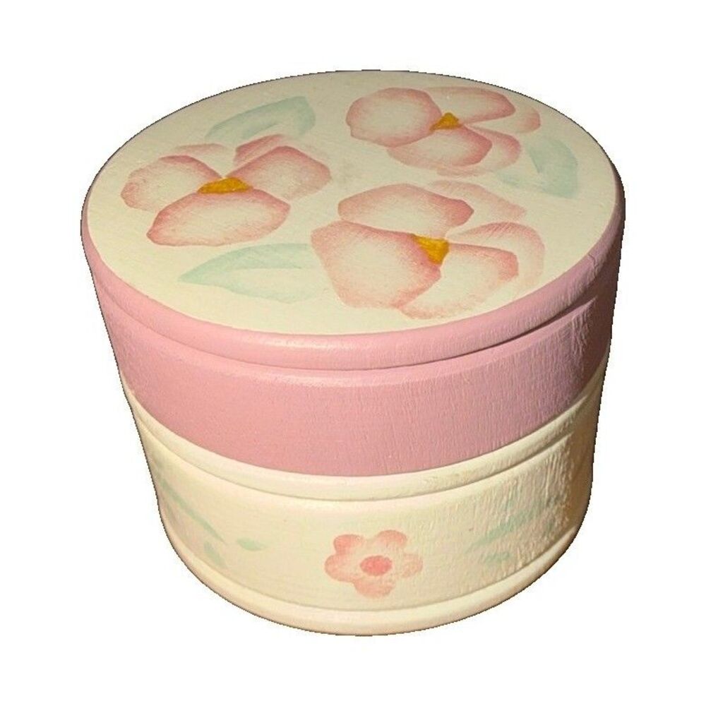 Vtg 2” Wood Trinket Box “Garland Blush” Pattern Pink Floral Jewelry Box